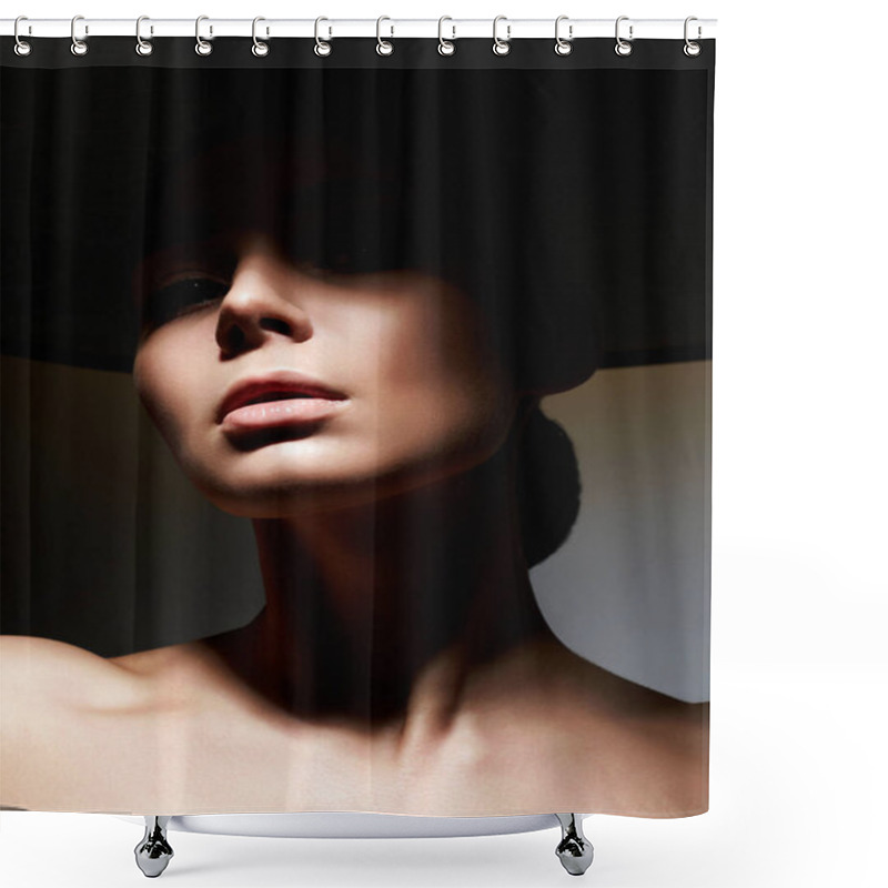 Personality  Portrait Of Beautiful Woman In Black Hat. Beauty Female Face In Shado Shower Curtains