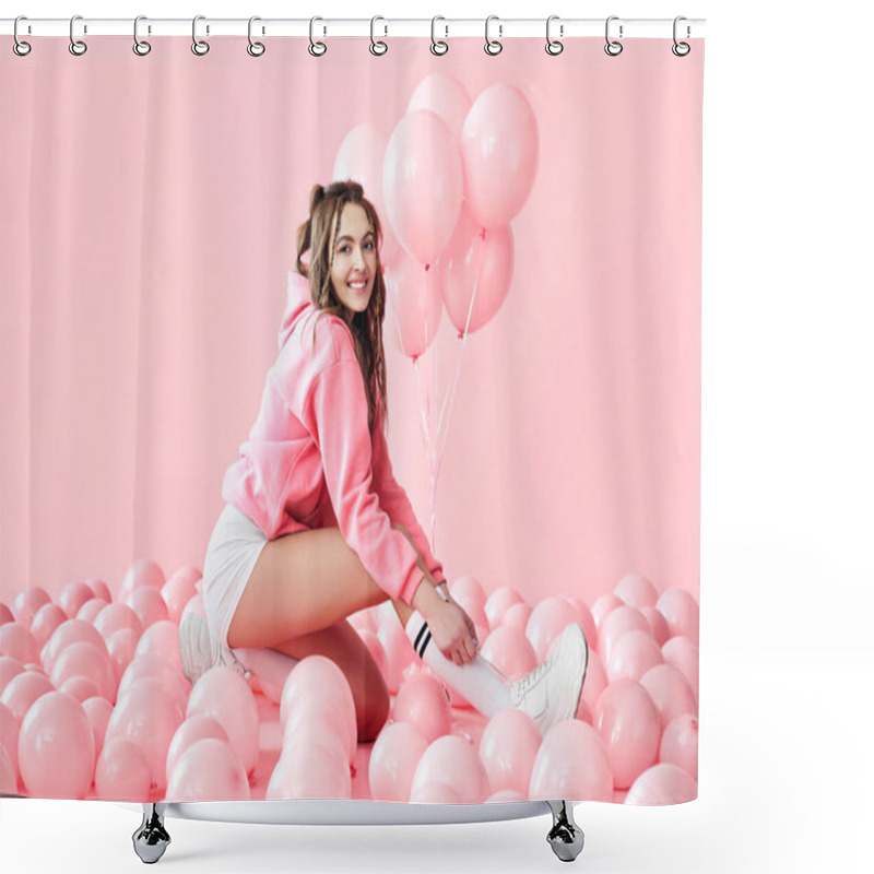 Personality  Young Trendy Woman Posing With Pink Balloons On Pink Background Shower Curtains