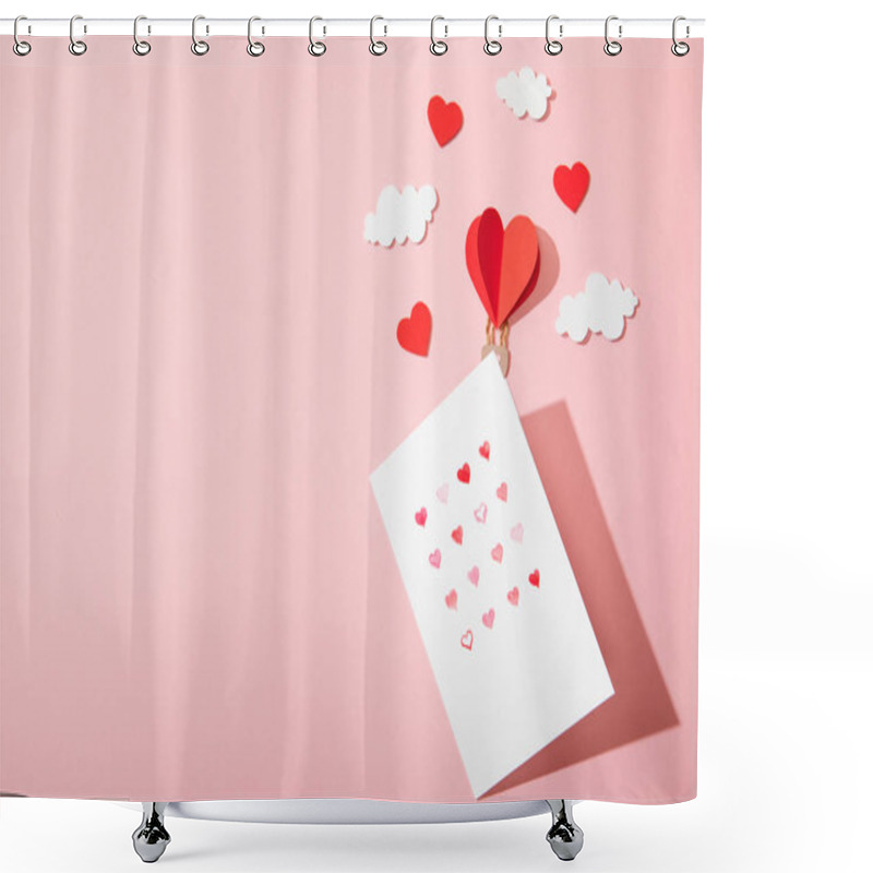 Personality  Top View Of Greeting Card With Hearts In White Envelope Near Paper Heart Shaped Air Balloon In Clouds On Pink Shower Curtains