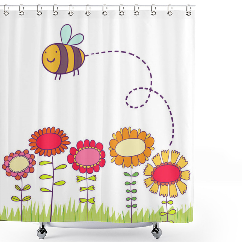 Personality  Cartoon Bee Flying Over Flowers Shower Curtains