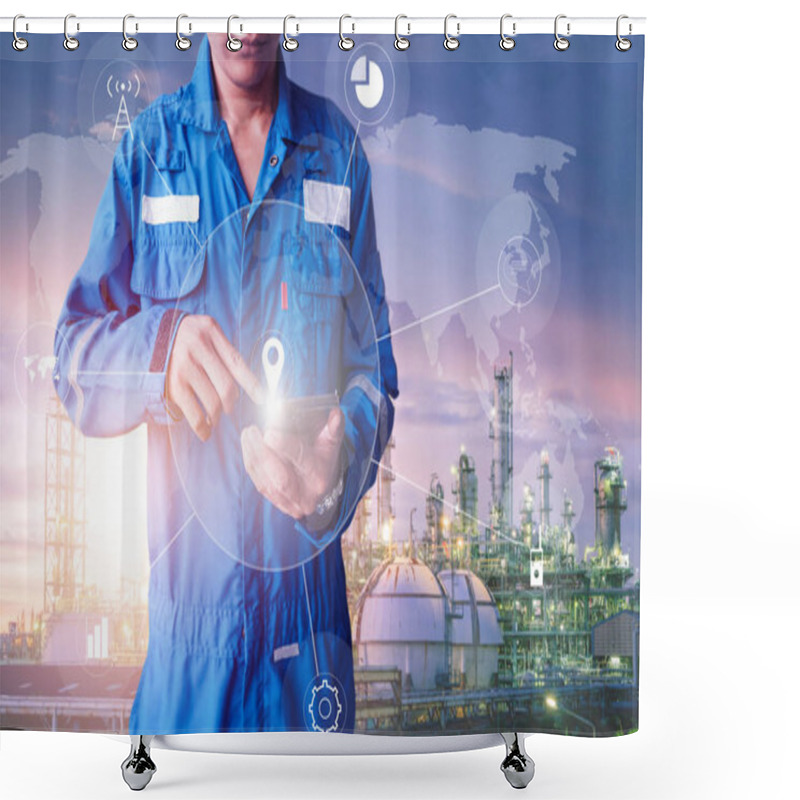 Personality  Asia Engineer Stand Holding Hand Touch Of Smart Phone On Oil And Gas Refinery Plant Background, Engineer Planning Work Concept, Professional Technician Monitoring Of Petrochemical Industry Plant Shower Curtains