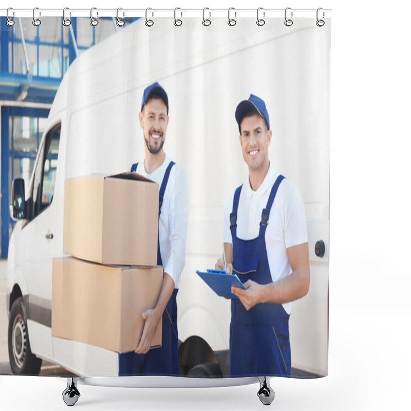 Personality  Delivery Men With Moving Boxes Near Car Shower Curtains