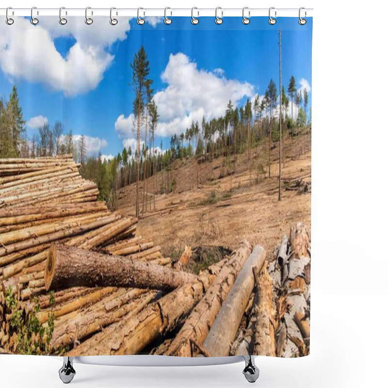 Personality  Forest Slope After Felling After Attack By Bark Beetle. Deforestation. Cutted Spruce Forest In The Czech Republic - Europe. Climate Change. Shower Curtains