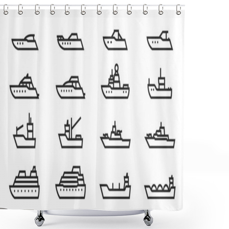 Personality  Ship And Boat Line Icon Set. Water Transport Symbol. Vessels For Sea Travel And Transportation. Isolated Vector Image Shower Curtains