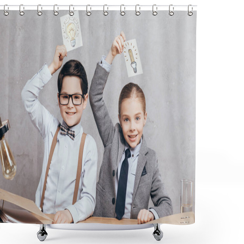 Personality  Kids Holding Cards With Ides Sign Shower Curtains