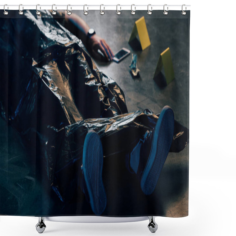 Personality  Partial View Of Covered Corpse And Evidences At Crime Scene Shower Curtains