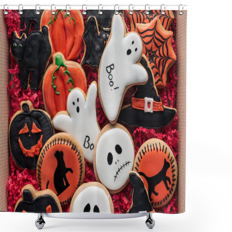 Personality  Top View Of Cardboard Box With Homemade Spooky Halloween Cookies  Shower Curtains