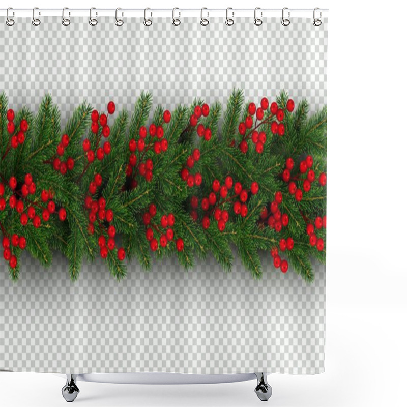 Personality  Christmas And New Year Border Of Realistic Branches Of Christmas Tree And Holly Berries Element For Festive Design Isolated On Transparent Background Vector Illustration Shower Curtains