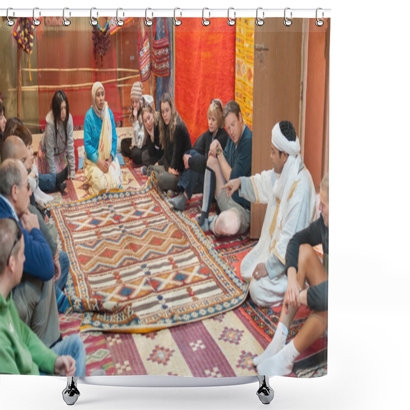 Personality  Moroccan Rug Sellers Showing Traditional Berber Carpets To Tourists. Morocco, Africa Shower Curtains