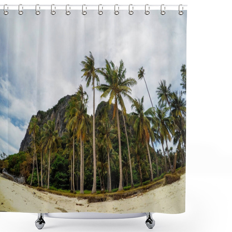 Personality  Empty Sand Beach And Palm Trees Of Abandoned Tropical Island. Tropics Fisheye Photo Landscape. Fish Eye View On White Sand Beach And Palm Trees. Cloudy Day On Tropical Beach. Exotic Island Vacation Shower Curtains