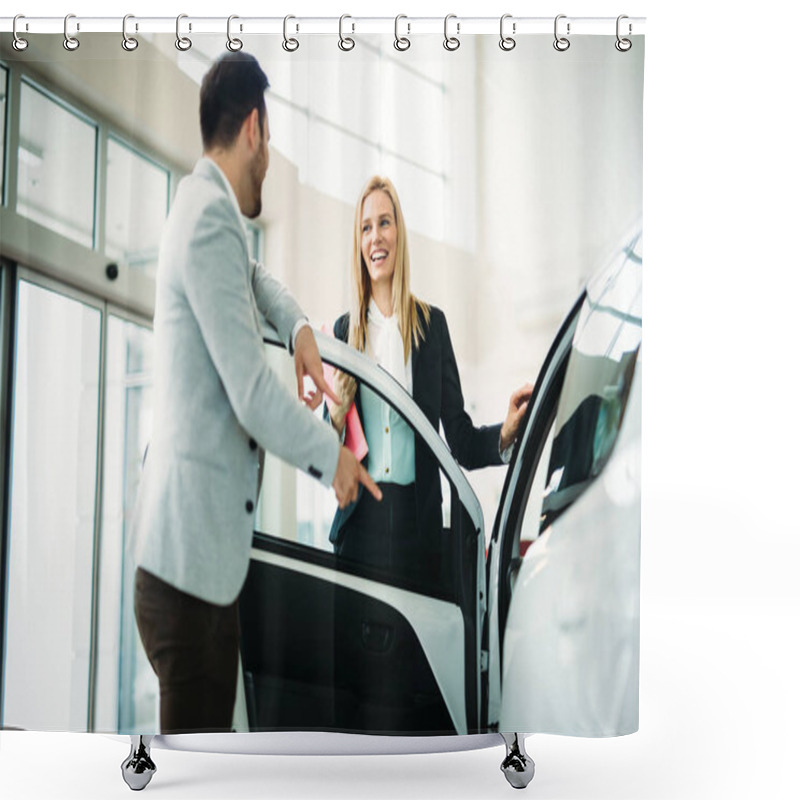 Personality  Dealer Showing A New Car Model To The Potential Customer In Saloon Shower Curtains