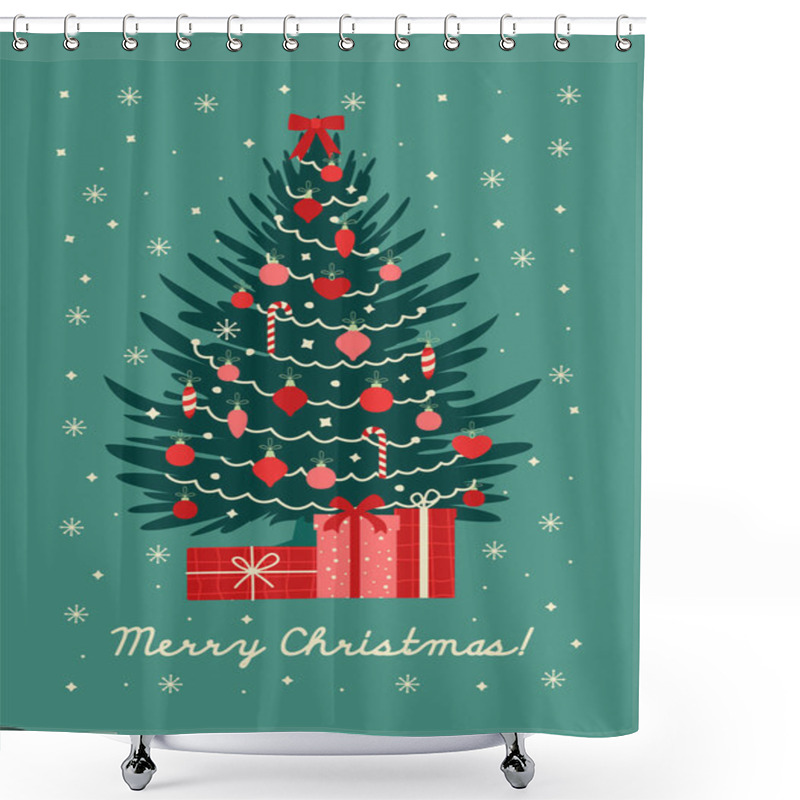 Personality  Decorated Christmas Tree With Gift Boxes, Balls And Garland. New Year And Merry Christmas Greeting Card, Poster, Icon. Vector Flat Illustration In Cartoon Style. Shower Curtains