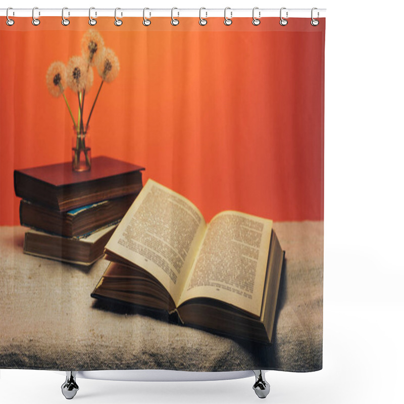 Personality  Open Book And   Flower Dandelion On A Old  Table And Coral Orange Wall Background. Shower Curtains