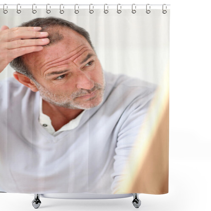 Personality  Senior Man Looking At His Hair In Mirror Shower Curtains