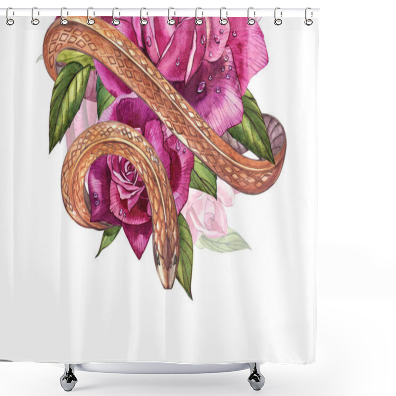 Personality  Snake With Beautiful Garden Roses. Compositions Of Red And Pink Roses, Watercolor Illustration. Printing Use T-shirt. Shower Curtains