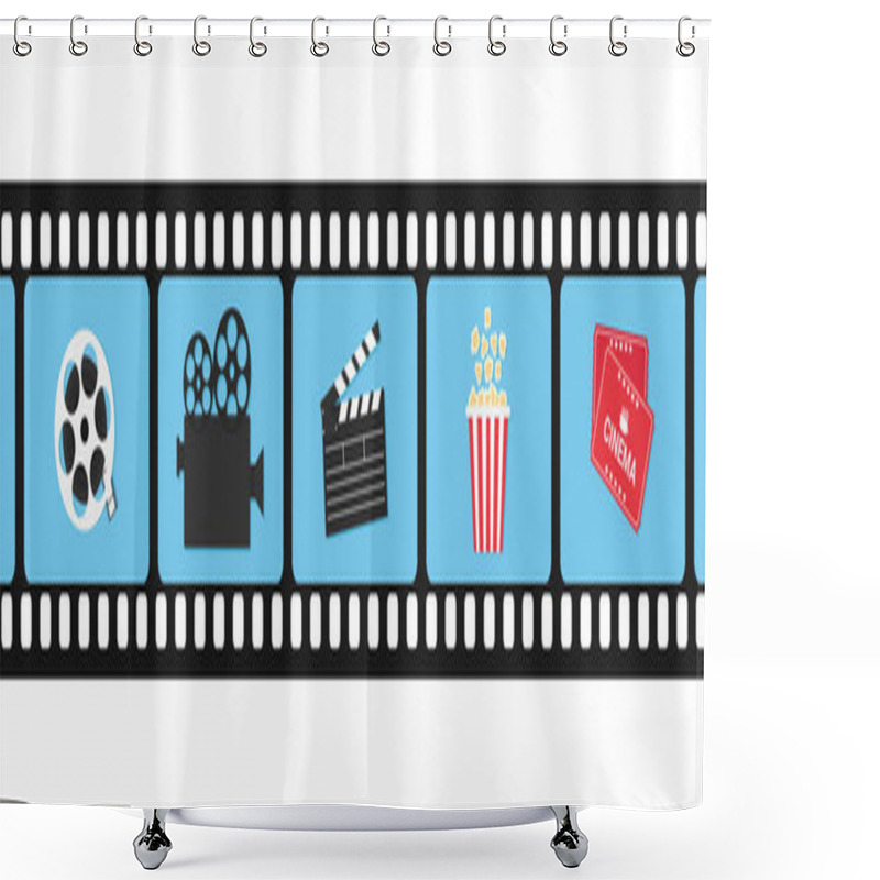 Personality  Cinema Icons In Filmstrip Frames. Film Reel, Camera, Clapperboard Popcorn And Cinema Tickets. Vector Illustration Shower Curtains