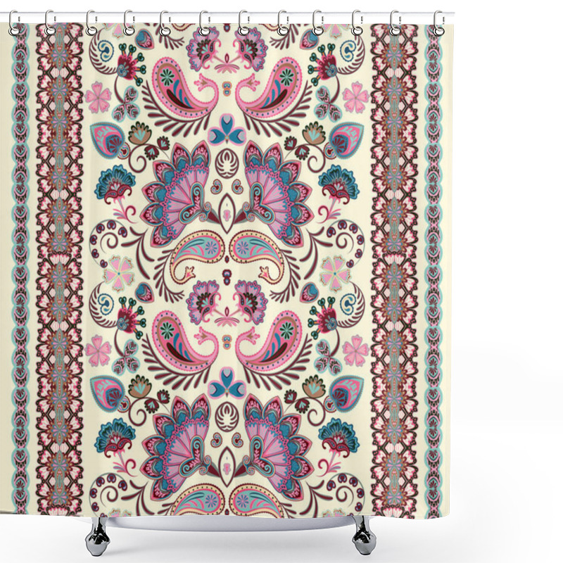 Personality  Indian Seamless Pattern. Wallpaper With Paisley. Ethnic Style. Border Ornament. Pastel Blue Pink Beige Shower Curtains