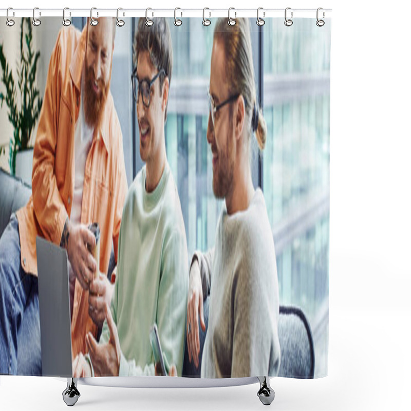 Personality  Smiling Bearded Businessman Giving Takeaway Drink To Colleague With Laptop Near Man With Mobile Phone In Lounge Of Modern Coworking Office, Partnership And Collaboration Concept, Banner Shower Curtains