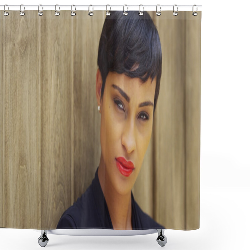 Personality  Close Up Of African Woman In Black Dress And Red Lipstick Leaning Against Wall Shower Curtains