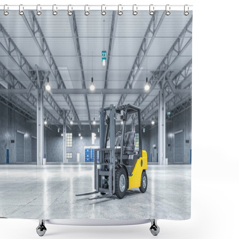 Personality  Empty Warehouse And Yellow Forklift. 3d Render Shower Curtains