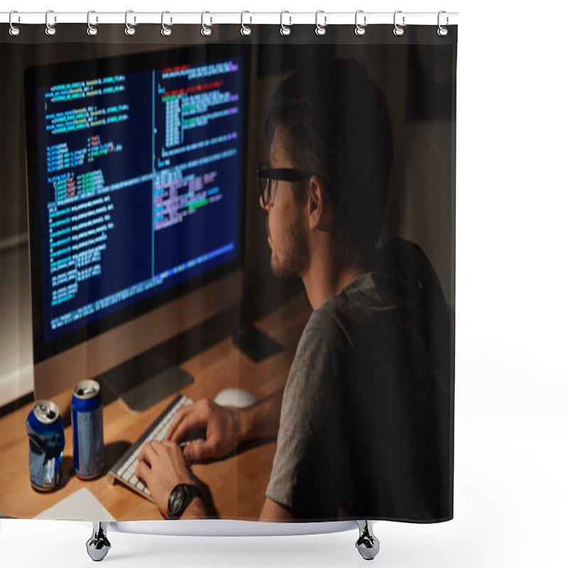 Personality  Thoughtful Programmer Coding In The Evening At Home Shower Curtains