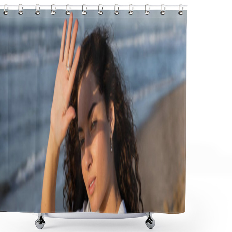 Personality  Portrait Of Curly Woman Hiding Face From Sun On Beach Near Sea, Banner  Shower Curtains