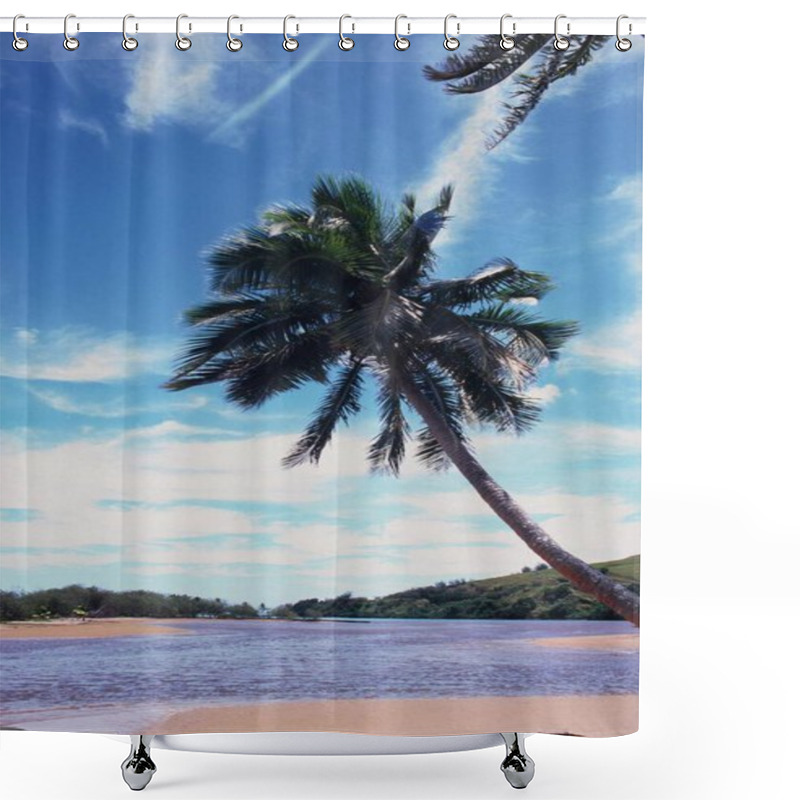 Personality  Sunny Day Over Azure Waters With Tropical Trees And Clouds, Cloud, Sky, Water, Daytime, Plant, Nature, Blue, Palm Tree, Tree, Tropical, Sunlight, Horizon, Lake, Reflection, Landscape, Serene, Outdoors, Environment, Summer, Bright, Atmosphere, Tranqui Shower Curtains