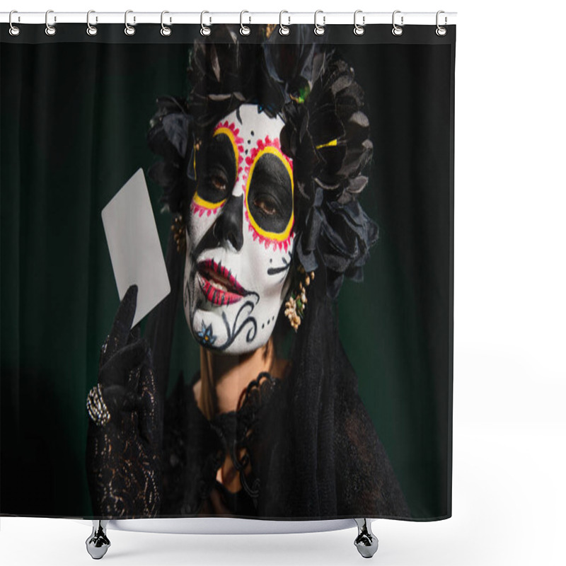 Personality  Portrait Of Woman In Santa Muerte Costume And Makeup Holding Card Isolated On Dark Green  Shower Curtains