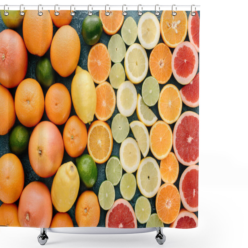 Personality  Top View Of Various Whole And Sliced Citrus Fruits On Blue Concrete Surface Shower Curtains