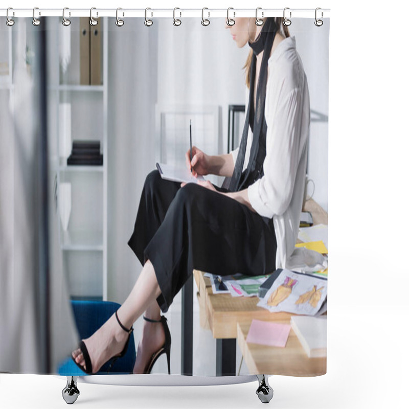 Personality  Cropped Shot Of Fashion Designer Drawing In Album While Sitting On Work Desk Shower Curtains