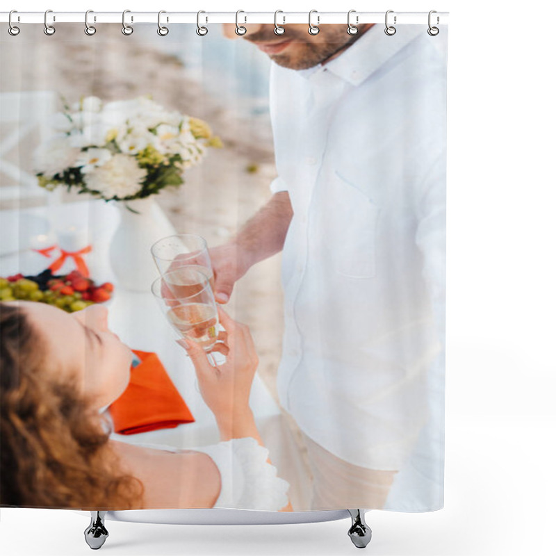 Personality  Cropped View Of Couple Clinking With Champagne Glasses During Romantic Date On Seashore Shower Curtains