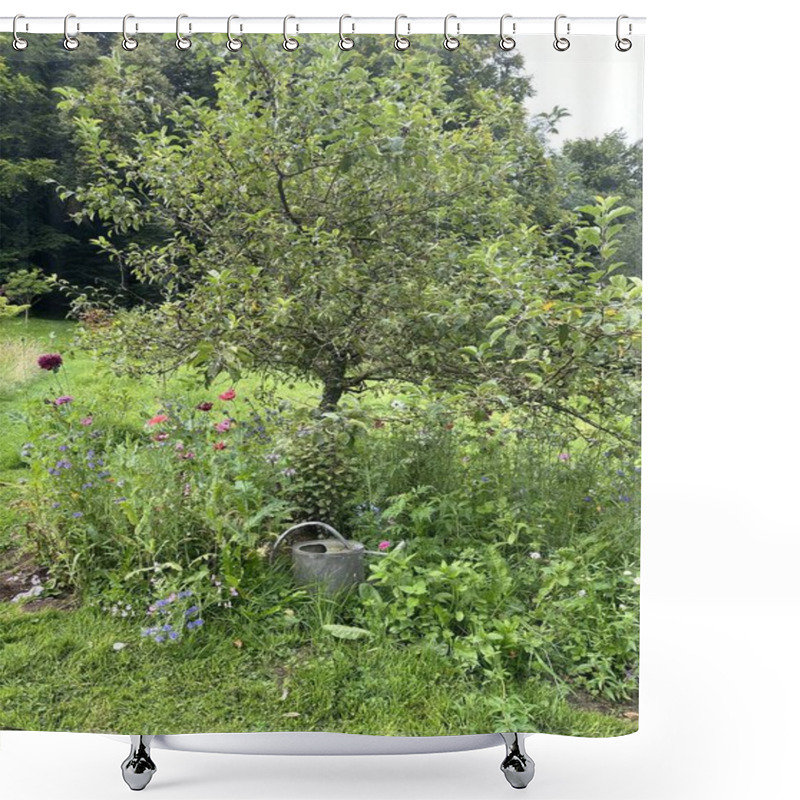 Personality  A Flower Bed With Poppies And A Watering Can Under The Apple Tree. A Low-maintenance Garden Featuring Wildflowers And A Vintage Watering Can. Jardin Du Rossignol. France Shower Curtains