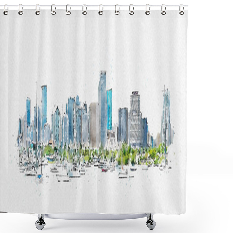 Personality  Watercolor Digital Illustration Of Miami Downtown Skyline Isolated On White Background Shower Curtains