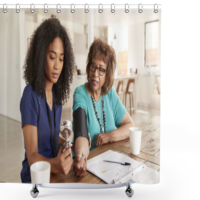 Personality  Female Healthcare Worker Checking The Blood Pressure Of A Senior Woman During A Home Visit Shower Curtains