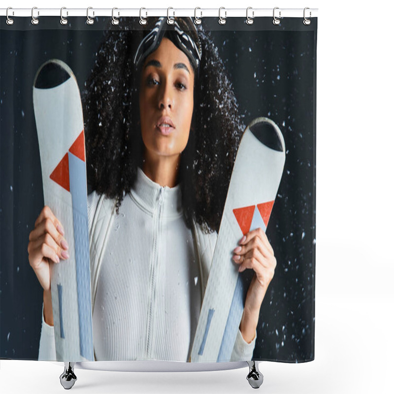 Personality  A Beautiful Brunette Woman Poses Confidently In A Ski Suit, Highlighting Winter Fashion Trends In A Studio. Shower Curtains