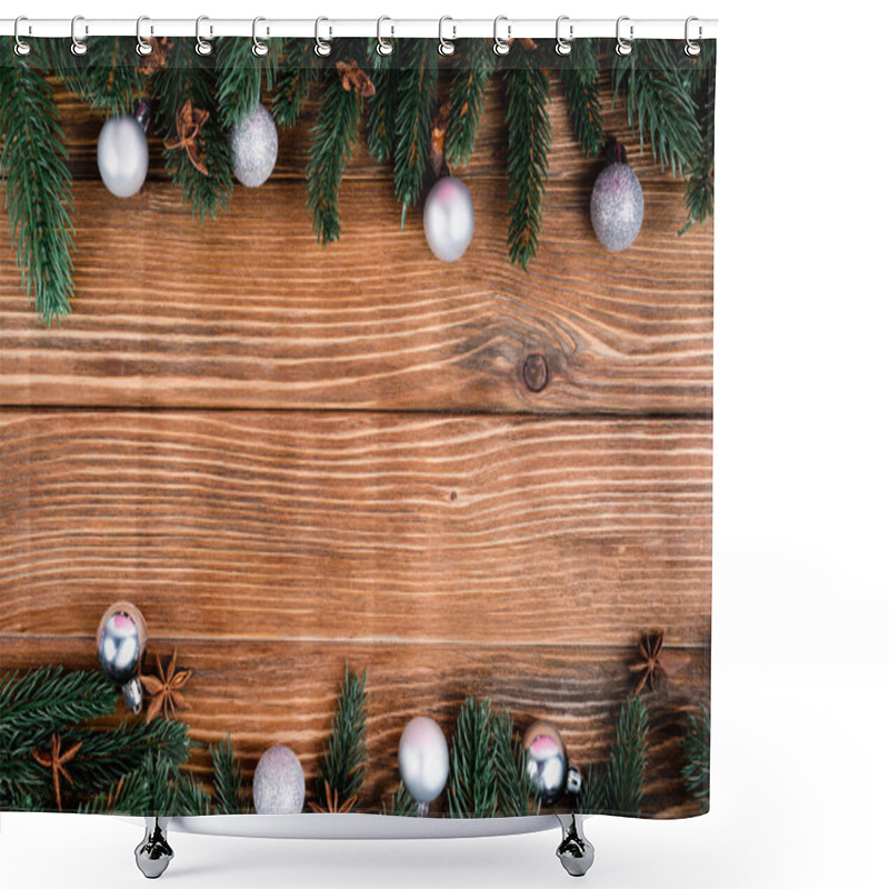 Personality  Flat Lay With Pine Branches, Christmas Balls And Anise Stars On Brown Wooden Background Shower Curtains