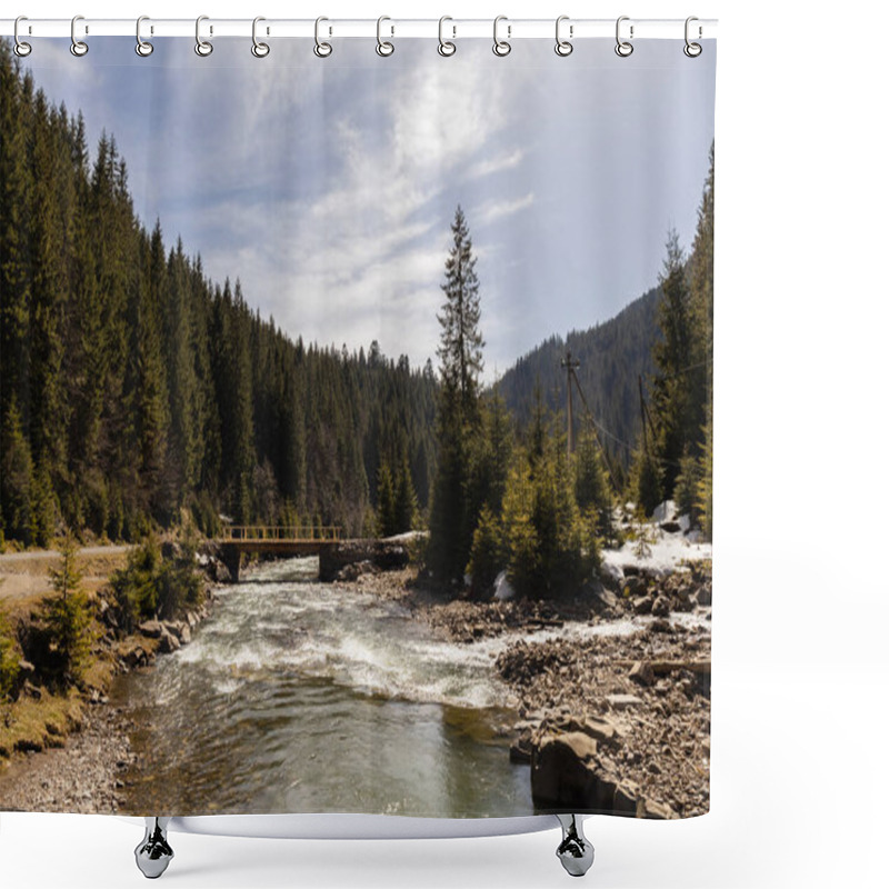 Personality  Mountain River, Wooden Bridge And Forest In Spring  Shower Curtains