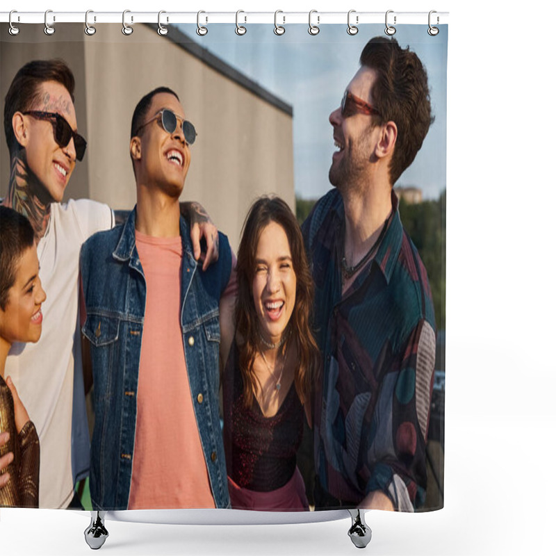 Personality  Good Looking Diverse Joyous Friends With Sunglasses Having Great Time Together At Rooftop Party Shower Curtains