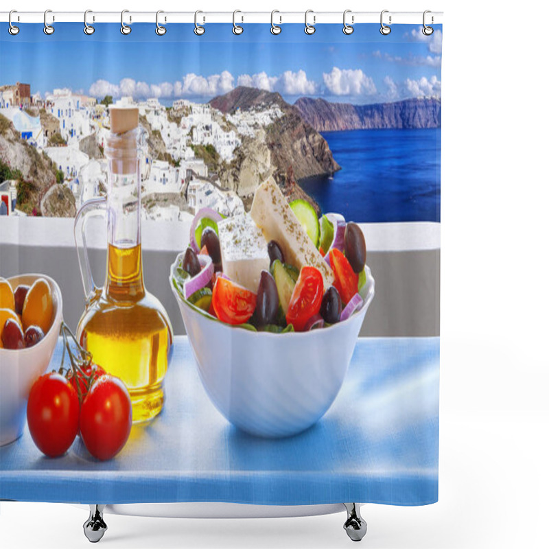 Personality  Greek Salad Against Famous Oia Village, Santorini Island In Greece Shower Curtains