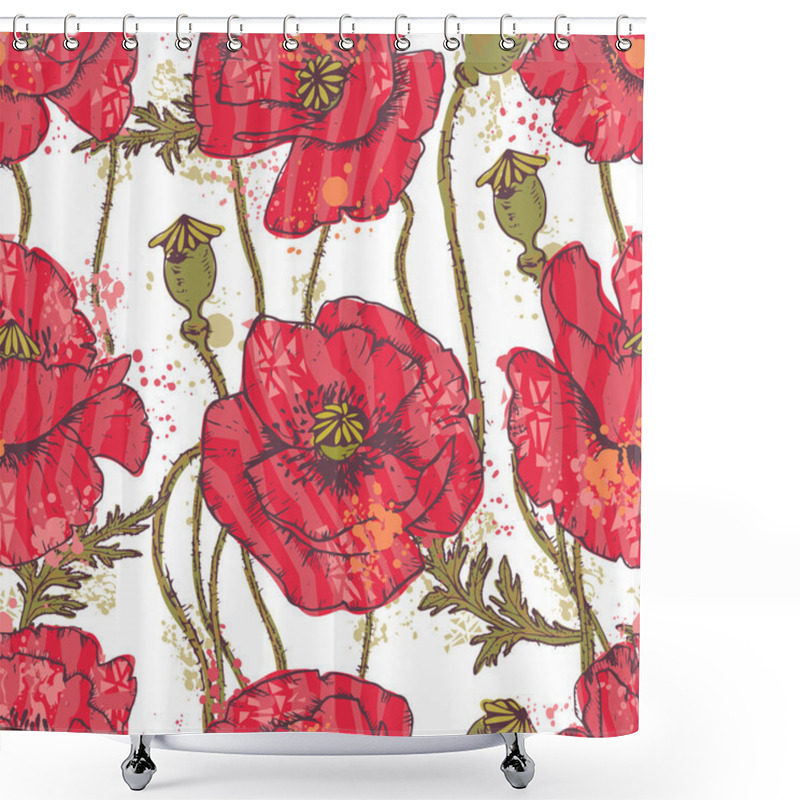 Personality  Hand Drawn Red Poppy Flowers Seamless Pattern Shower Curtains