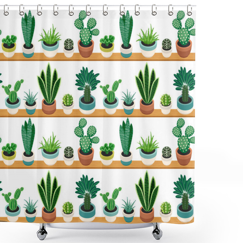 Personality  Seamless Pattern Of Cactuses And Succulents In Pots. Shower Curtains