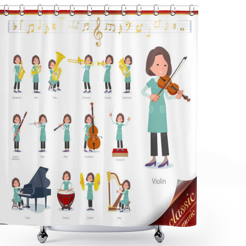 Personality  A Set Of Middle Women On Classical Music Performances.There Are Actions To Play Various Instruments Such As String Instruments And Wind Instruments.It's Vector Art So It's Easy To Edit. Shower Curtains