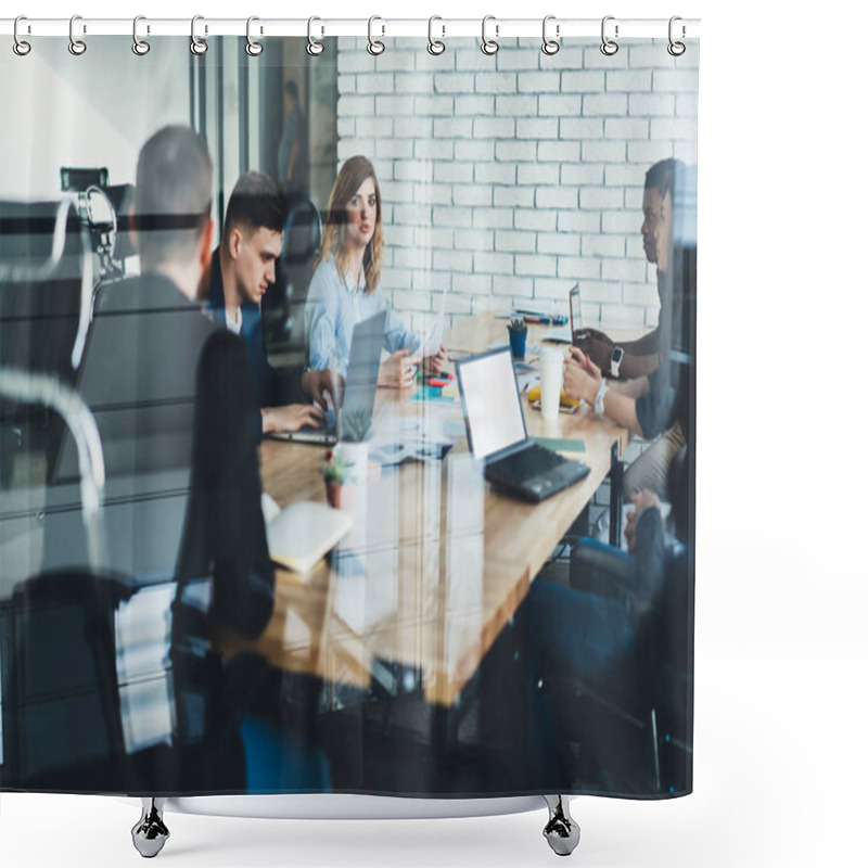 Personality  Team Of Multicultural Male And Female Professionals Dressed In Formal Wear Discussing Productive Strategy Together With Proud Ceo Sitting At Meeting Table In Stylish Office Interior Behind Glass Wall Shower Curtains