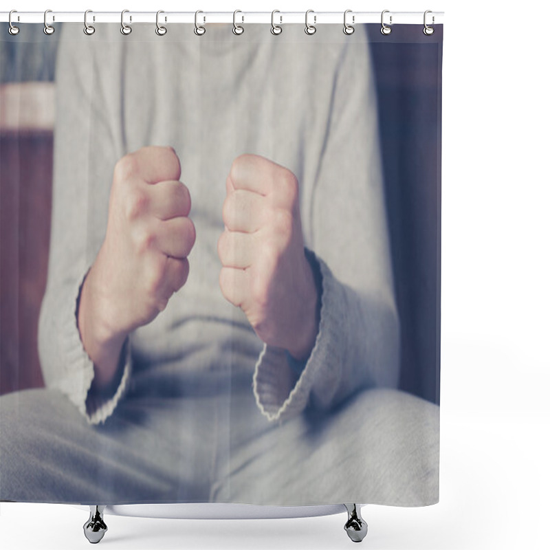 Personality  Man On Sofa With Clenched Fists Shower Curtains