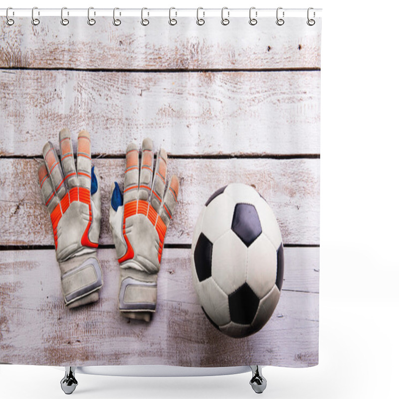 Personality  Soccer Ball, Gloves On White Wooden Floor, Studio Shot Shower Curtains