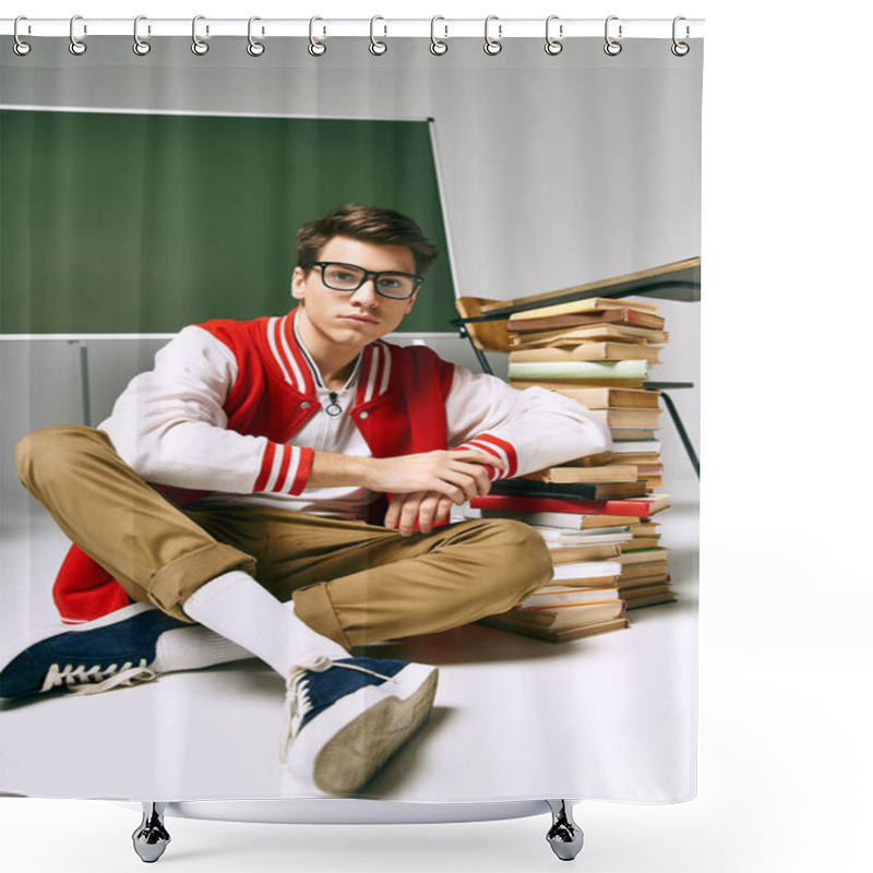 Personality  Young Man Seated Before A Towering Stack Of Books. Shower Curtains