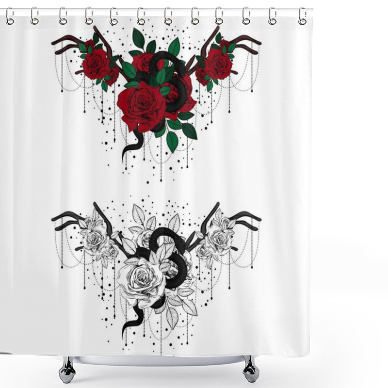 Personality  Vintage Roses And Snakes. Set Of Gothic Tattoos. Collection Of Graphic And Color Isolated Vector Illustrations. Shower Curtains