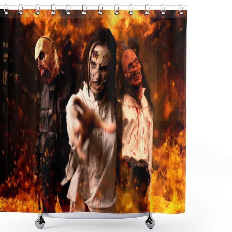 Personality  Zombies With Bloody Skinned Faces, Nightmare, Explosions And Fire On Background. Horror In City, Creepy Crawlies Attack, Apocalypse Shower Curtains