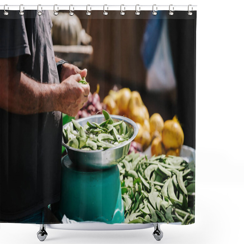 Personality  Close Up Of The Farmers Market Vendor Shelling Fava Beans Shower Curtains