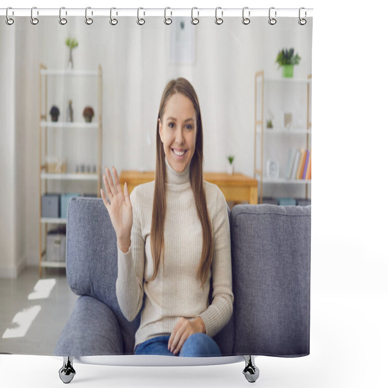 Personality  Young Woman Looking At The Camera Waving Her Hand Online While Having A Laptop Of Call Connection With A Virtual Man In The Room. Shower Curtains